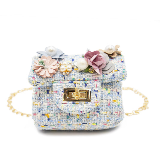 Mini Tweed Pearly Florals Crossbody - Blue